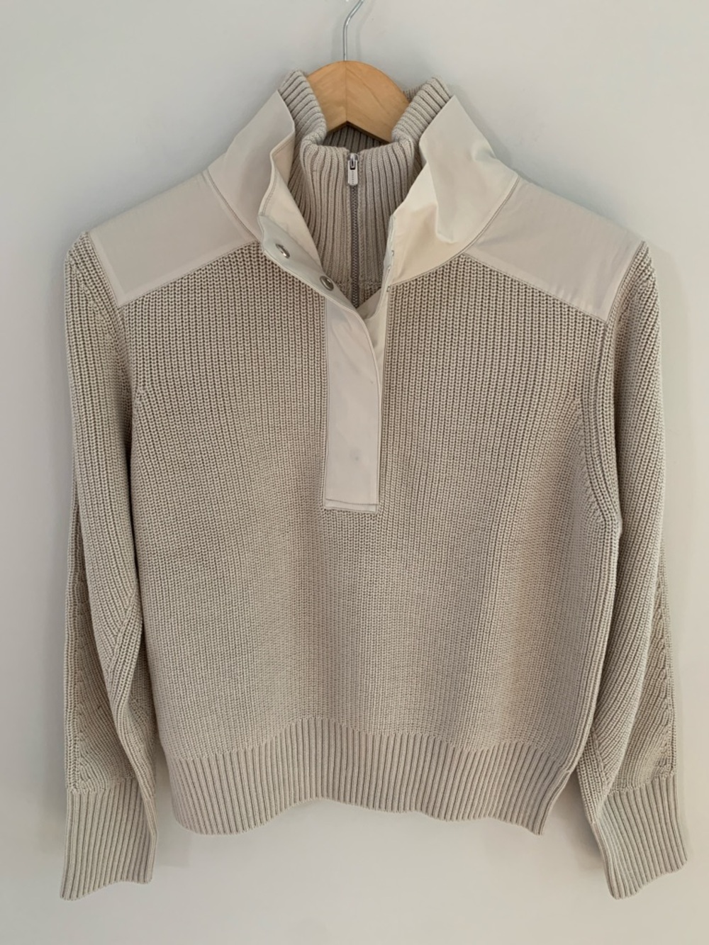 Athleta Hanover Hybrid 1/2 Zip Sweater Tan Size Large Merino Wool